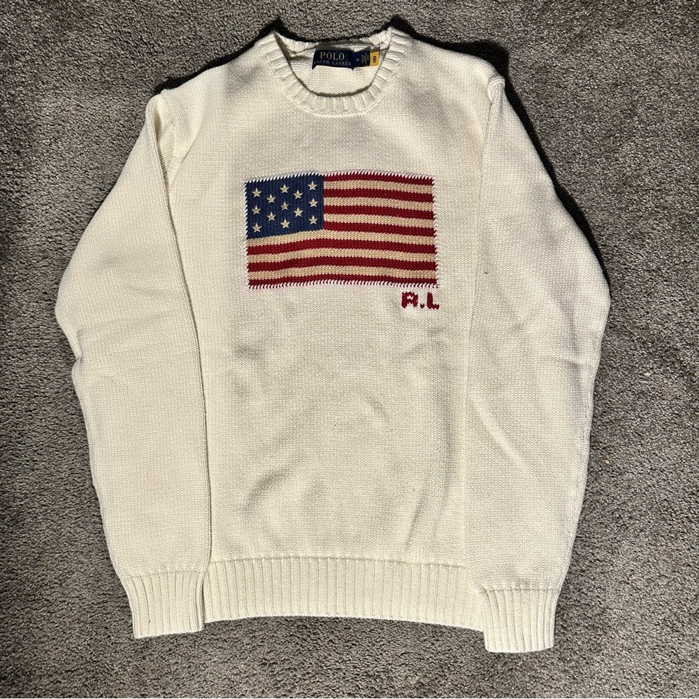 Polo by Ralph Lauren Men's Cream Sweater with American Flag